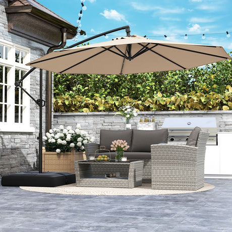 Patioslife Aegis Premium beige cantilever patio umbrella shading outdoor sofa and barbecue area in backyard