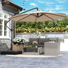 Patioslife Aegis Premium beige cantilever patio umbrella shading outdoor sofa and barbecue area in backyard