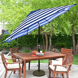 Patioslife Market Breeze blue and white striped outdoor umbrella over patio dining table