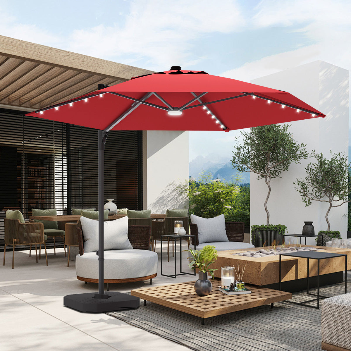 Patioslife Aegis Pro Round Cantilever Patio Umbrella Burgundy with Solar LED Lights for Australian Outdoor Patio