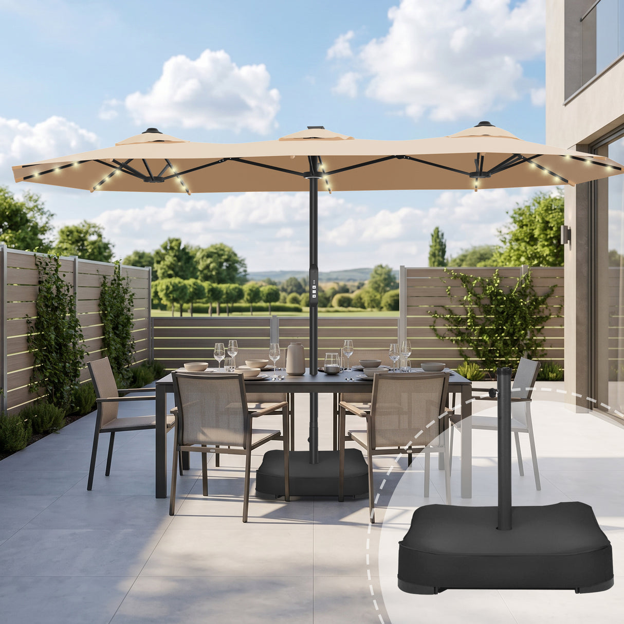 Patioslife Aegis Premium 4.6m Motorized Cantilever Patio Umbrella — Double-Sided, Remote Control, UPF 50+, Solar LED Lights & Windproof Frame