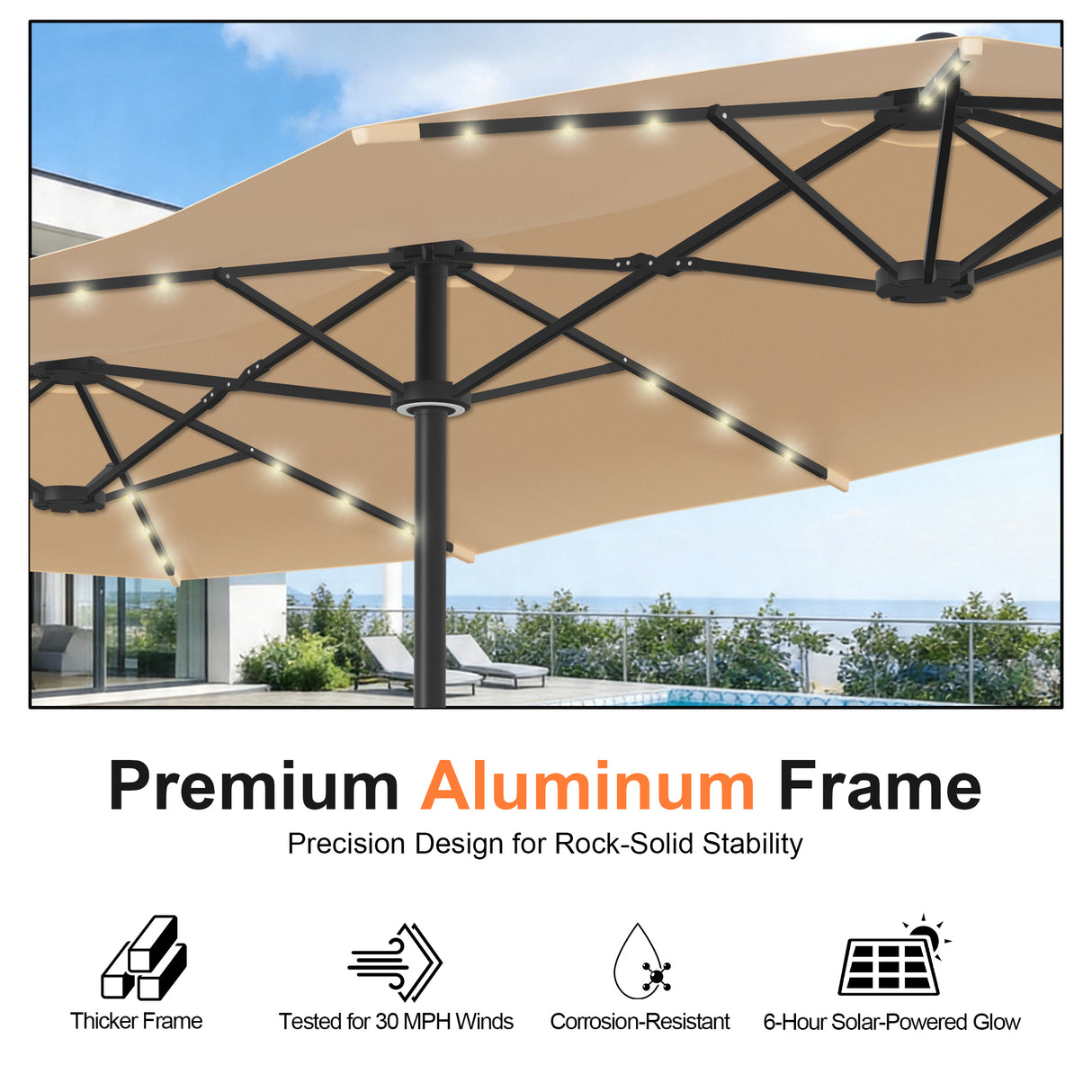 Patioslife Aegis Premium Motorized Double-Sided Patio Umbrella | Remote Control,UPF 50+ Canopy , Solar LEDs & Heavy-Duty Windproof Frame