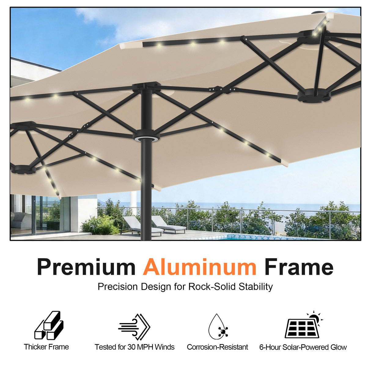 Patioslife Aegis Premium 4.6m Motorized Cantilever Patio Umbrella — Double-Sided, Remote Control, UPF 50+, Solar LED Lights & Windproof Frame