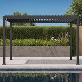 Patioslife 3 x 3m charcoal aluminium pergola with adjustable louvers shown in a front view beside a swimming pool