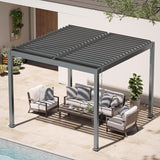 Patioslife 3 x 3m charcoal aluminium pergola with adjustable louvers over outdoor lounge seating beside a house and pool