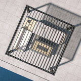 Top view of Patioslife 3 x 3m charcoal aluminium pergola with adjustable louvers over a compact outdoor lounge set