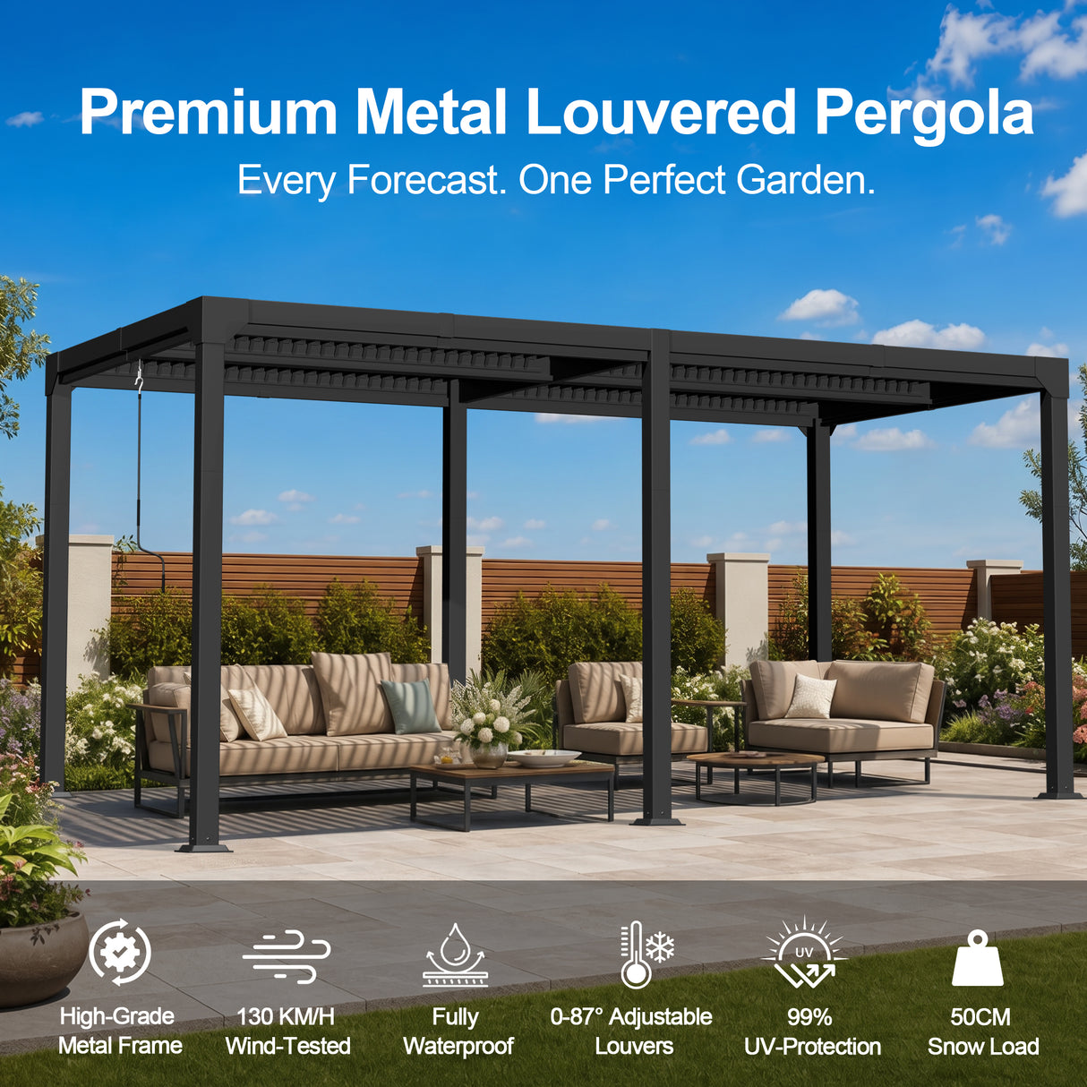 Patioslife Atlantic | Metal Louvred Pergola with Adjustable Roof & Ambient LED Lighting, Freestanding Alfresco Shelter for Patio, Deck & Poolside