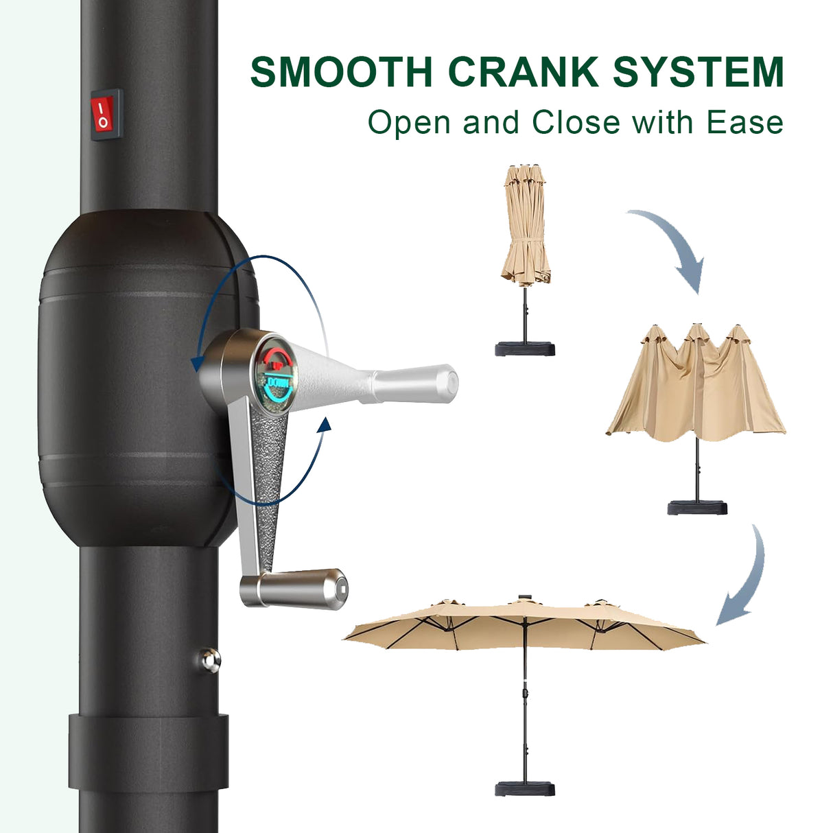 Close-up of smooth crank system on Patioslife Horizon Haven double-sided patio umbrella showing easy open and close operation