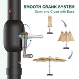 Close-up of smooth crank system on Patioslife Horizon Haven double-sided patio umbrella showing easy open and close operation