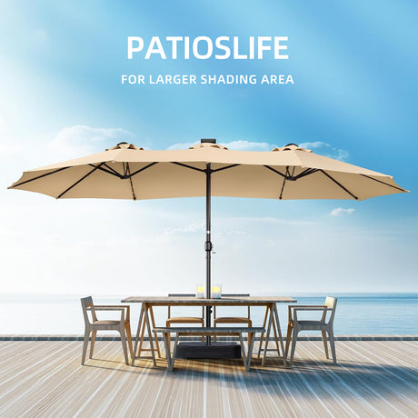 Patioslife Horizon Haven double-sided patio umbrella with base creating a larger shading area over an outdoor dining set by the water