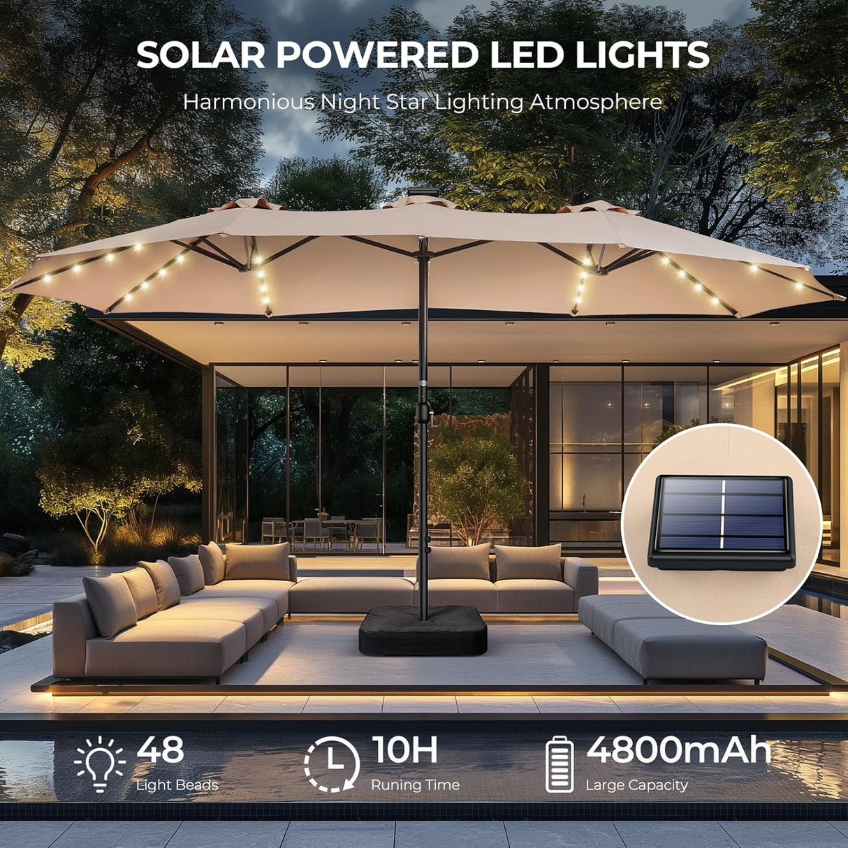 Patioslife Horizon Haven double-sided patio umbrella with solar powered LED lights, illuminated at night over a modern outdoor lounge area