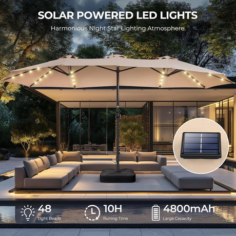 Patioslife Horizon Haven double-sided patio umbrella with solar powered LED lights, illuminated at night over a modern outdoor lounge area