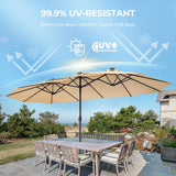 Patioslife Horizon Haven double-sided patio umbrella providing 99.9% UV-resistant shade over an outdoor dining table in a garden setting