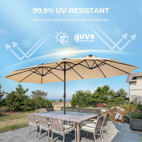 Patioslife Horizon Haven double-sided patio umbrella providing 99.9% UV-resistant shade over an outdoor dining table in a garden setting