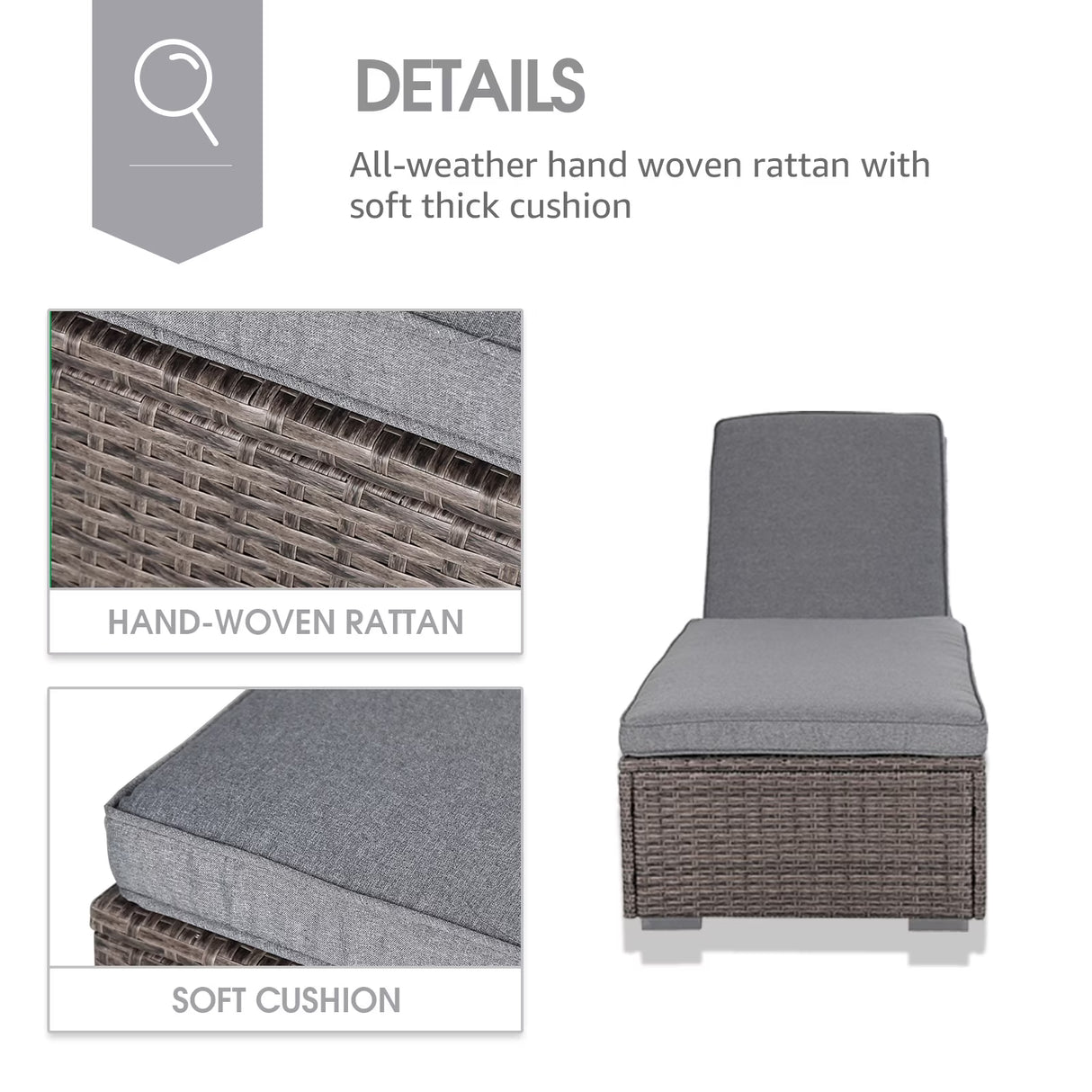 Patioslife Rattan Sun Lounger with 5-Level Adjustable Backrest & Side Tray