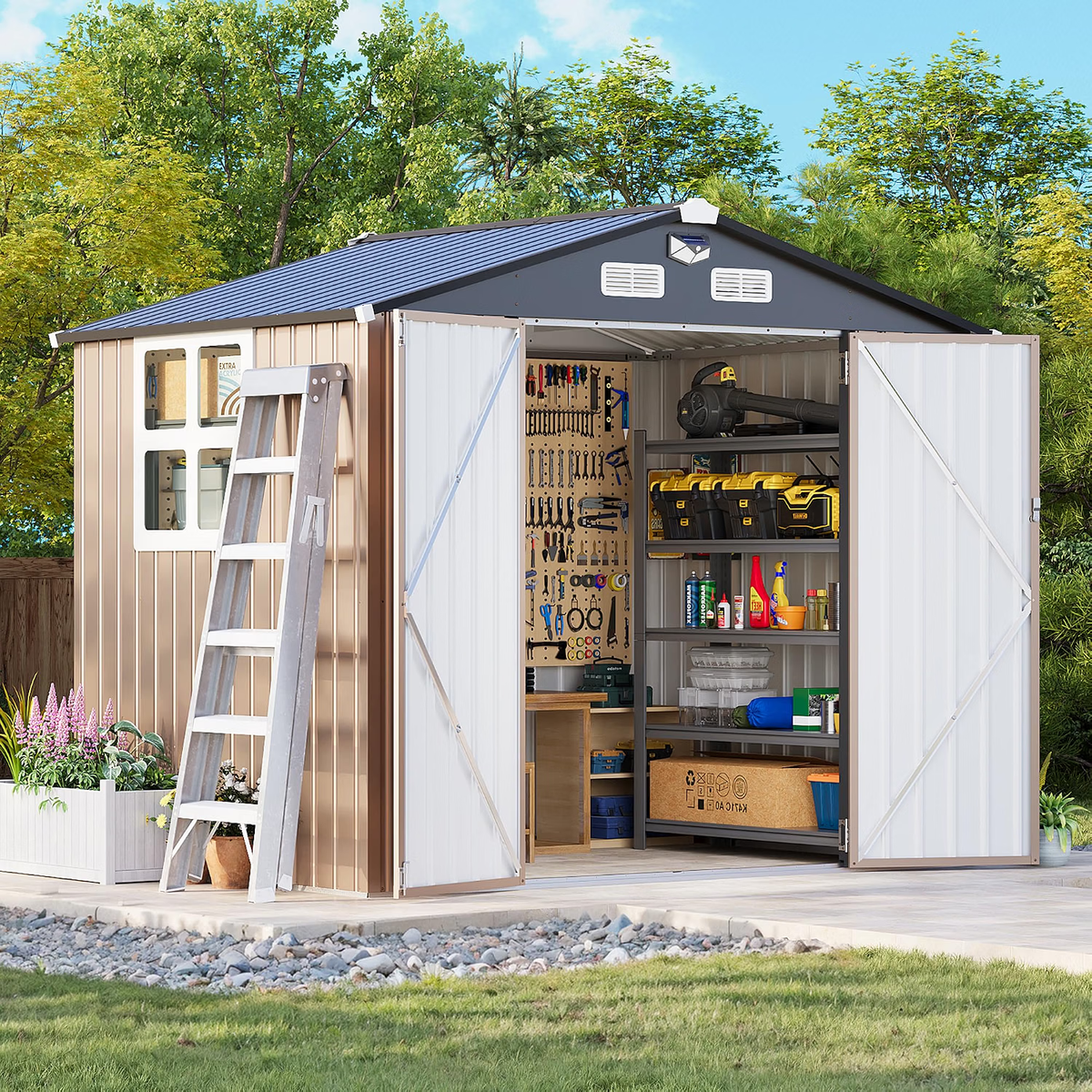 Patioslife Galvanised Steel Gable Roof Metal Garden Shed, Outdoor Storage Shed-All-Weather Backyard Storage Unit for Garden Tools-Patioslife