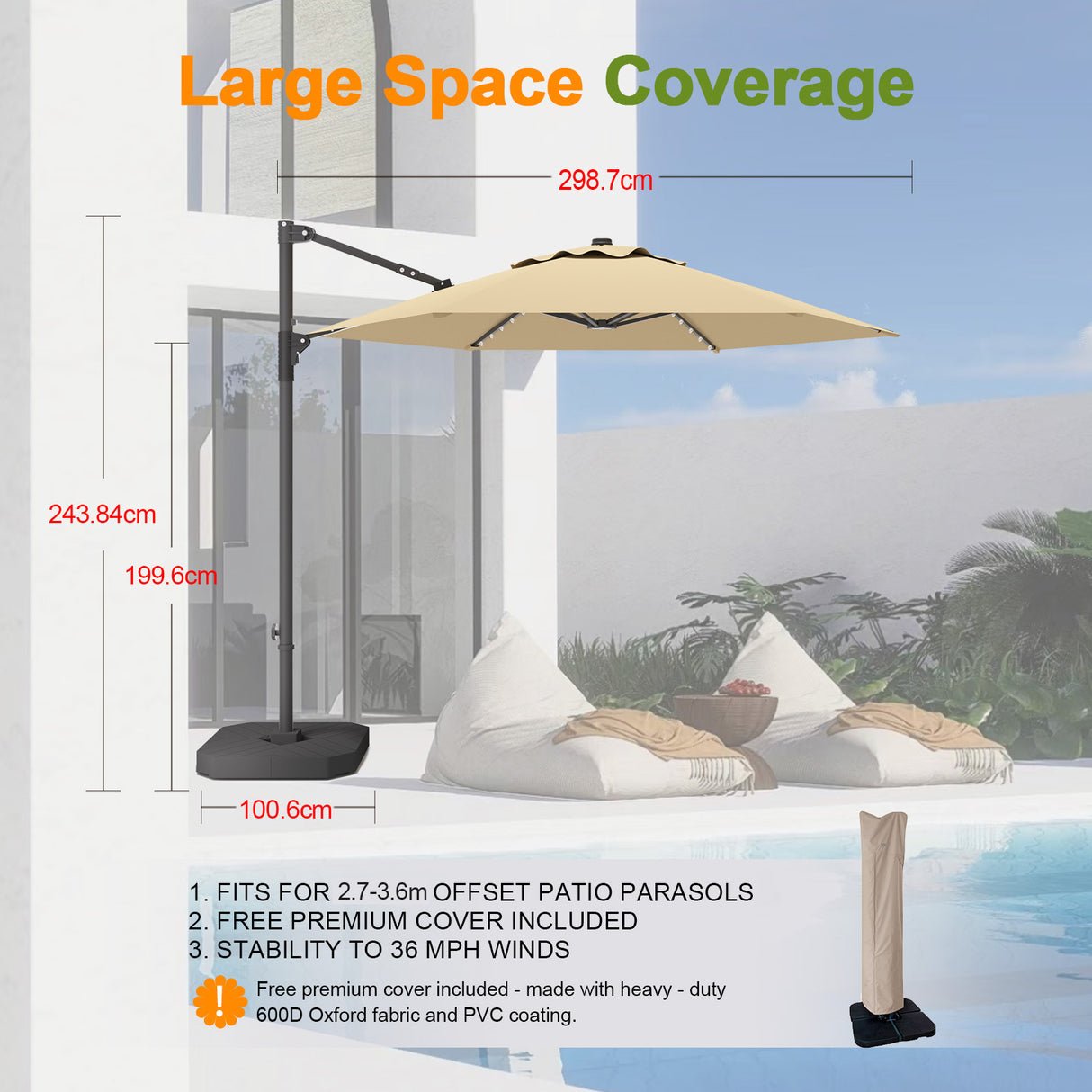 Patioslife Aegis Pro™ All-in-One Shade Round Cantilever Patio Umbrella with solar LED lights | Premium Cover | Large Base