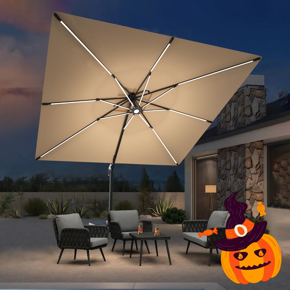 Patioslife Aegis Premium Cantilever Umbrella with LED Strip Lights, Fibreglass Ribs & Powder-Coated Aluminium Pole, Cover— Luxury Garden & Patio Shade