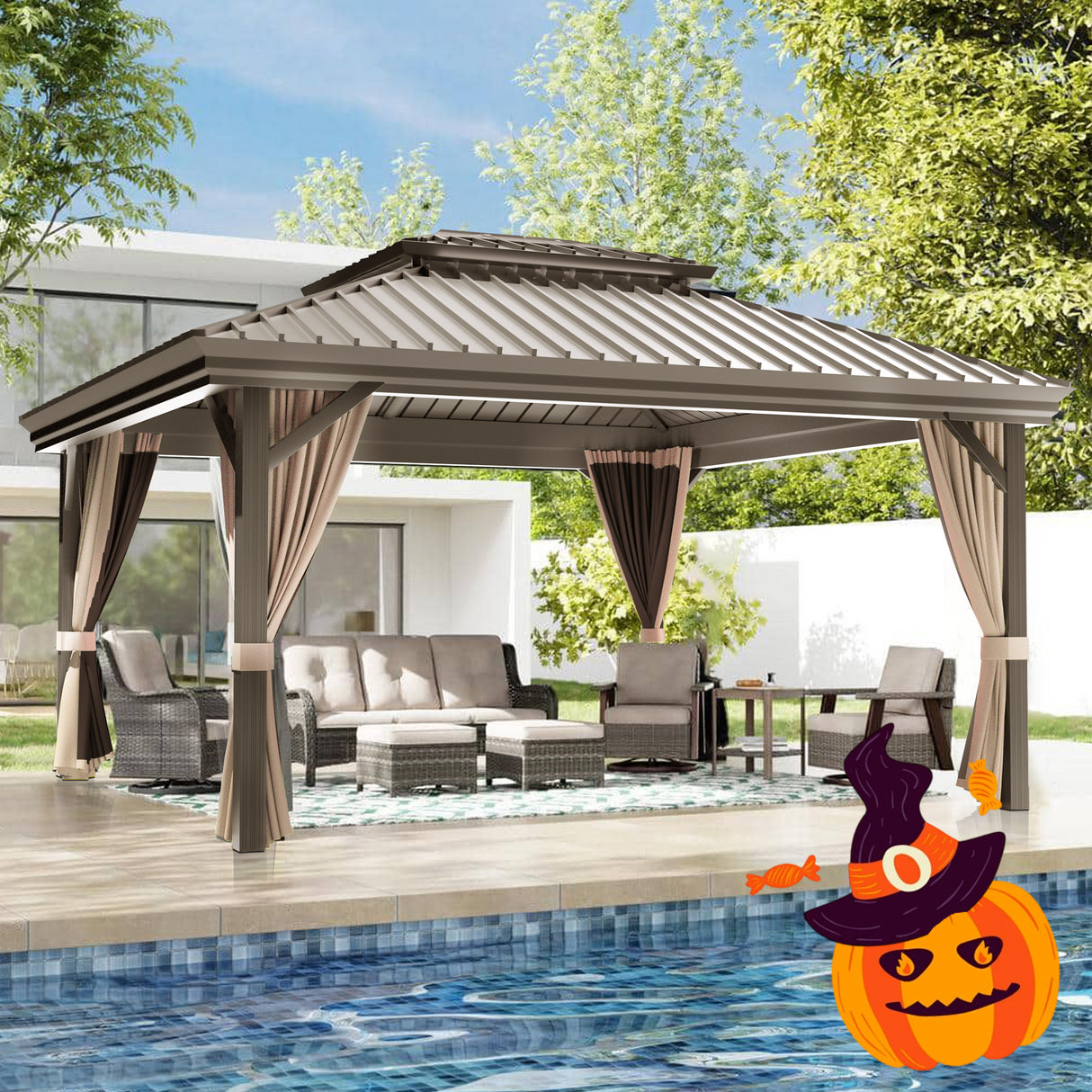 Patioslife Haven | 3.65 x 4.8m Brown Hardtop Gazebo, Heavy Duty Aluminum Frame, Double Vented Roof & Curtains for Patio & Garden