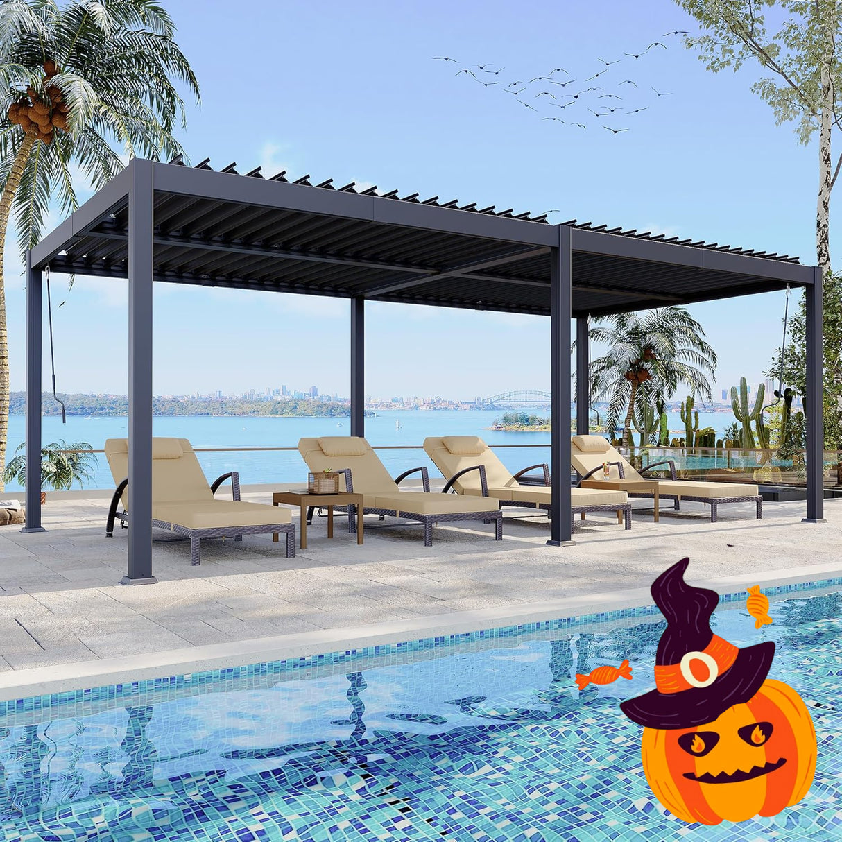 Patioslife Atlantic™ | 3 x 6m Contemporary Aluminium Pergola with Adjustable Roof Panels & LED Lighting System, Stylish Outdoor Shelter for Entertaining