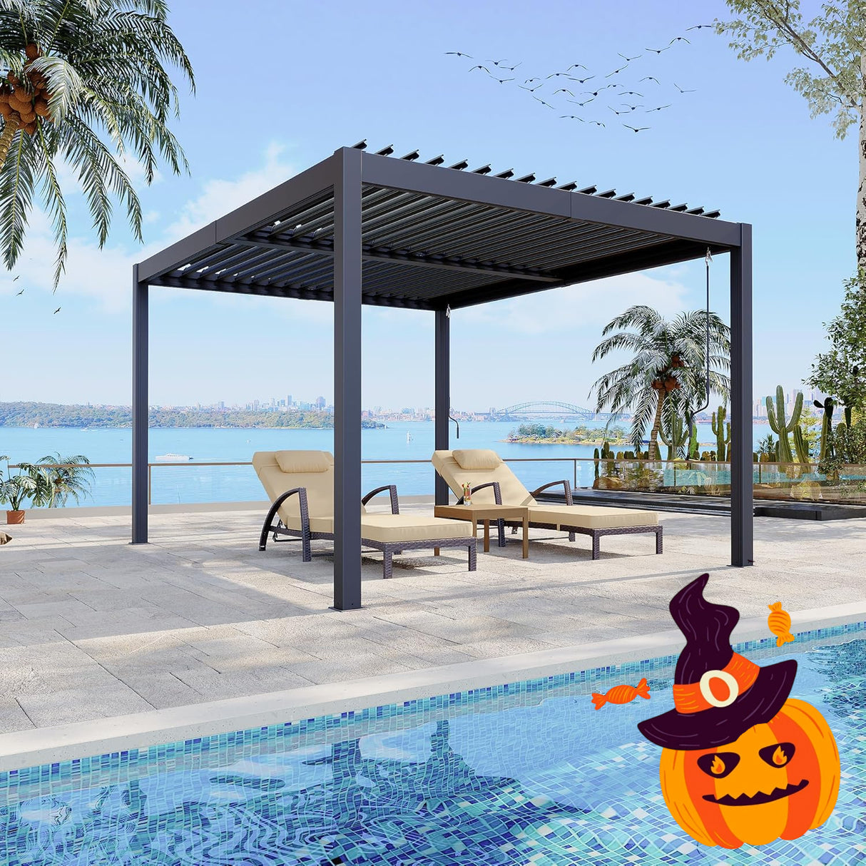 Patioslife Atlantic™ | 3 x 3m Aluminium Pergola with Adjustable Louvers & Built-In LED Lighting, Modern Shade Solution for Garden, Patio & Balcony