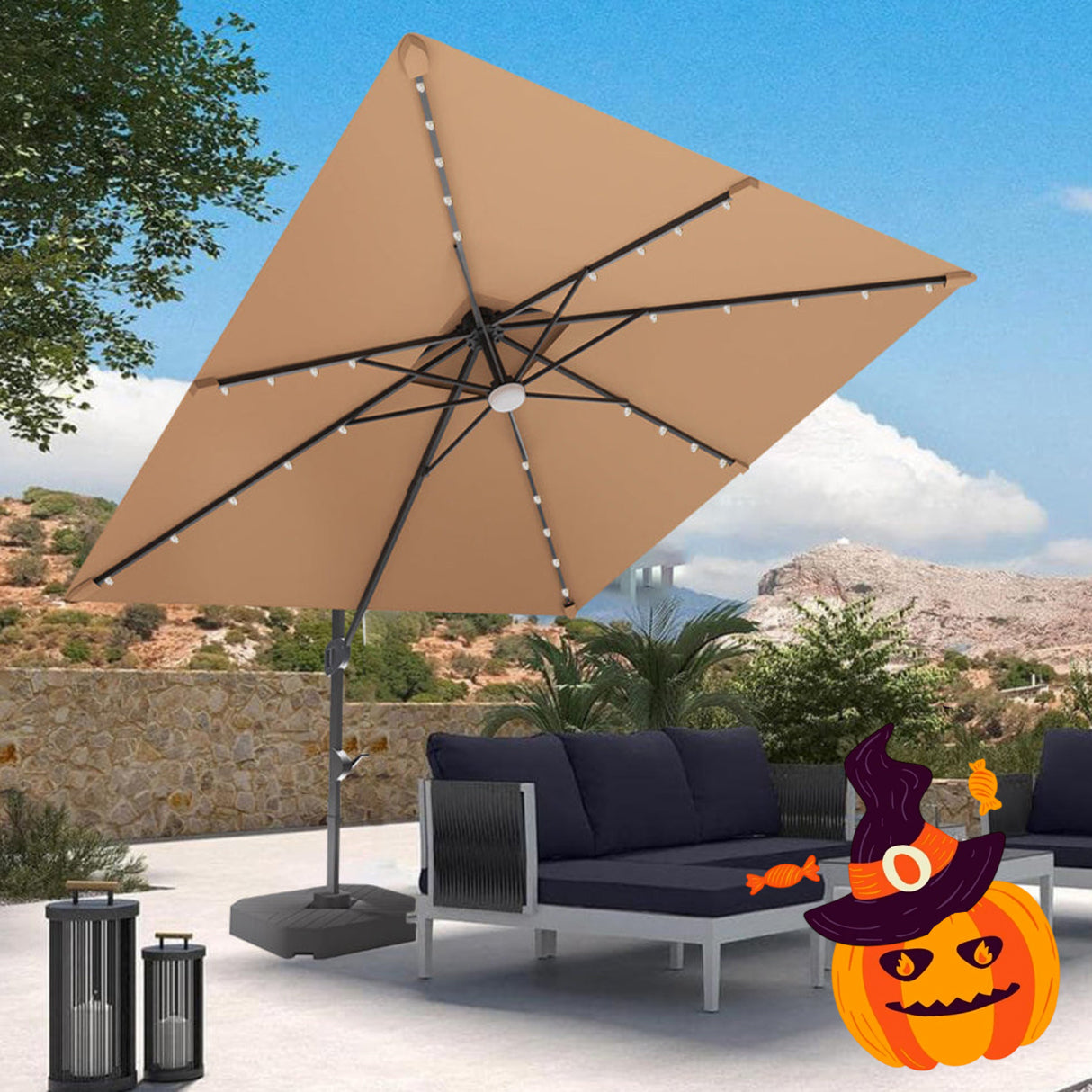 Patioslife Aegis Pro Cantilever Umbrella with LED Lights, Reinforced & Powder-Coated Aluminium Ribs and Pole — Perfect for Garden & Patio