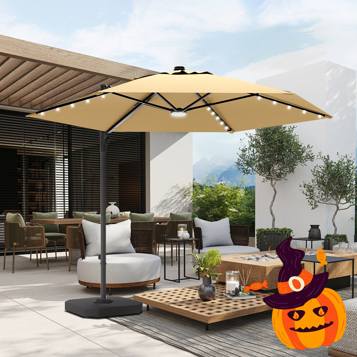 Patioslife Aegis Pro™ All-in-One Shade Round Cantilever Patio Umbrella with solar LED lights | Premium Cover | Large Base
