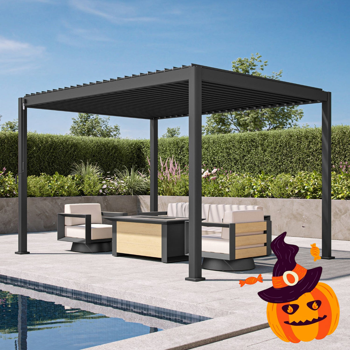 Patioslife Atlantic™ | 3 x 4m Heavy-Duty Aluminium Louvered Pergola with Integrated LED Lights, Freestanding Weatherproof Pavilion for Backyard & Poolside