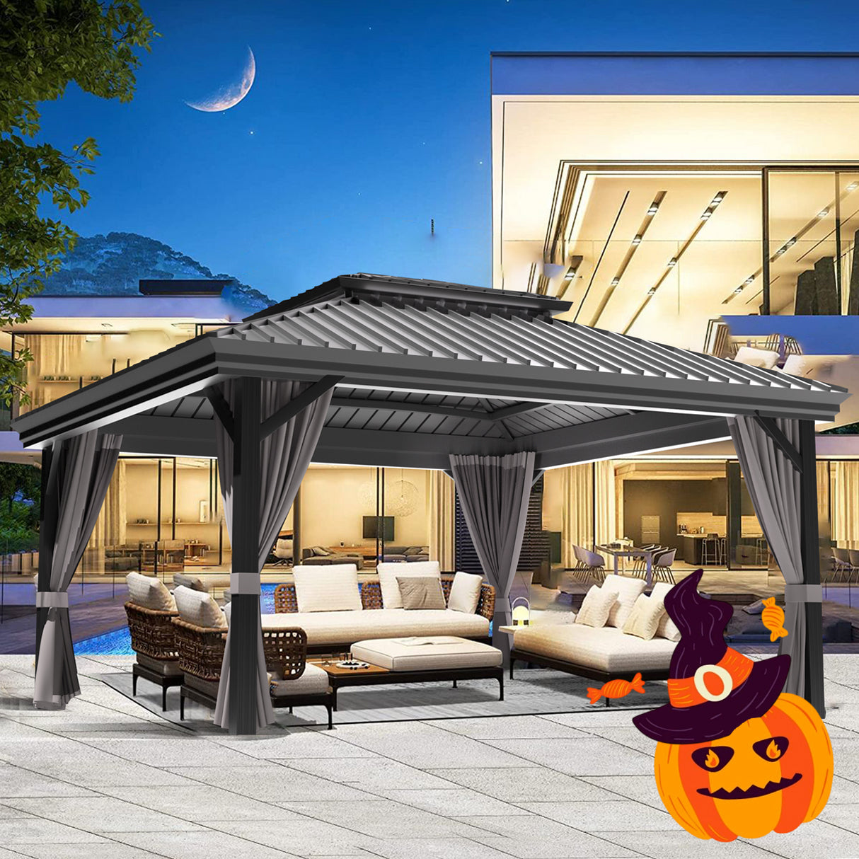 Patioslife Haven | 3.0 x 3.65m Grey Hardtop Patio Gazebo Aluminum Structure with Double Vented Roof & Side Curtains