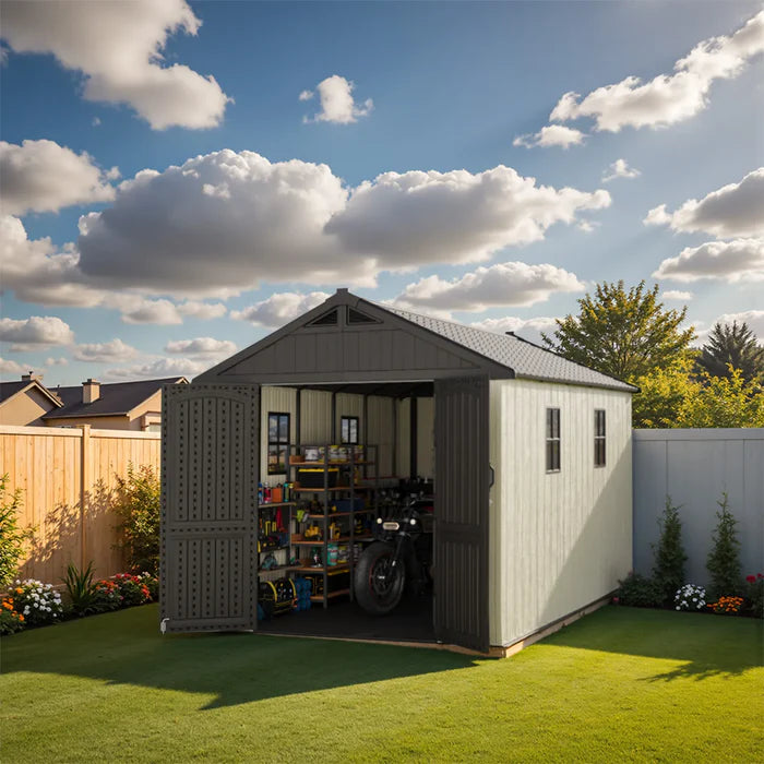 Premium Garden Shed with Floor Patioslife Kick-it ProLock™ Tool-Free Snap-Lock Resin – Weatherproof Outdoor Storage Shed with Floor, UV Resistant, Lockable Backyard Tool Shed for Tools, Bikes & Lawn Mower