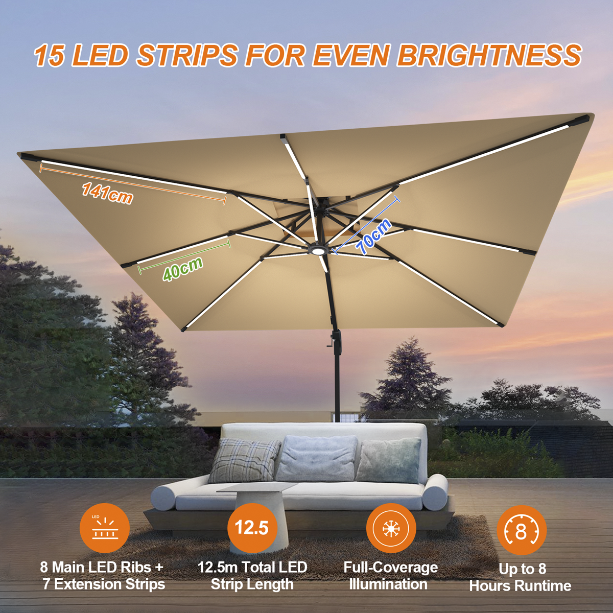 Patioslife Aegis Premium cantilever umbrella with full rib LED strip lighting for even brightness over a patio sofa at sunset