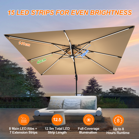 Patioslife Aegis Premium cantilever umbrella with full rib LED strip lighting for even brightness over a patio sofa at sunset
