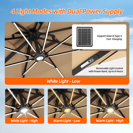 Patioslife Aegis Premium cantilever umbrella showing four LED light modes with solar and Type C dual power supply