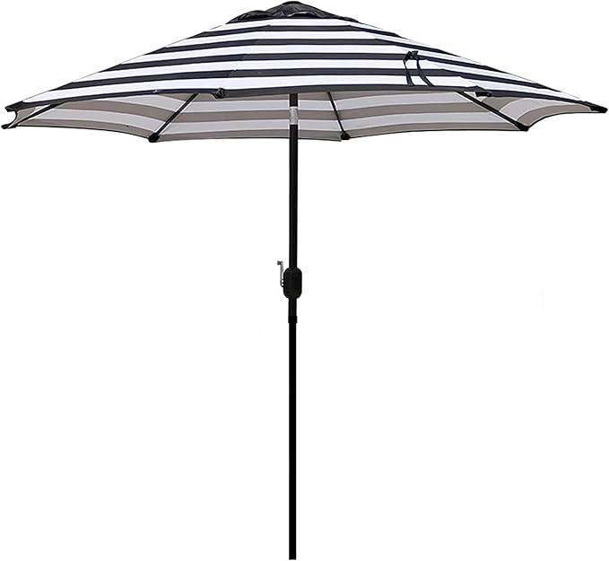 Patioslife Market Breeze Outdoor Umbrella 2.0 Black and White Stripe 8 Rib Umbrella with Crank and Tilt Design