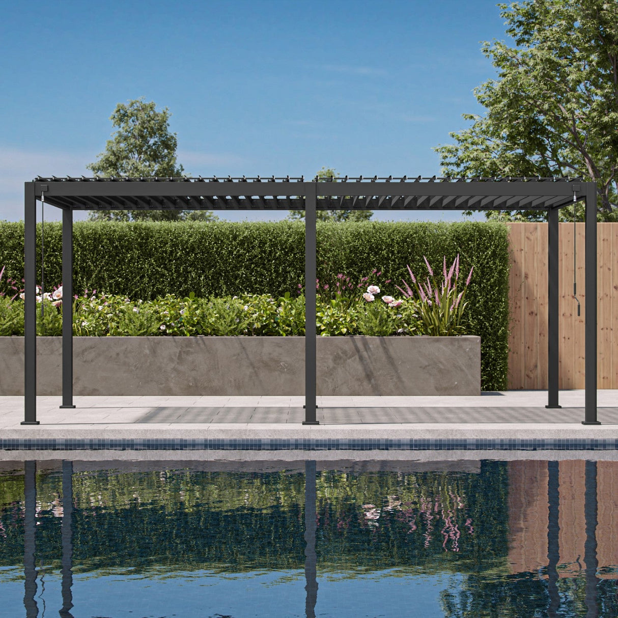 Patioslife Atlantic 3x3m modern louvered pergola beside a pool with adjustable roof slats for garden, deck and patio shade
