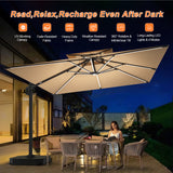 Patioslife Aegis Premium LED cantilever umbrella lighting a night patio dining area with UV blocking canopy and weather resistant frame