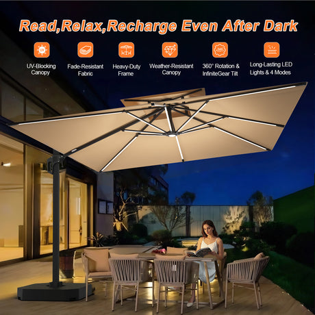 Patioslife Aegis Premium LED cantilever umbrella lighting a night patio dining area with UV blocking canopy and weather resistant frame