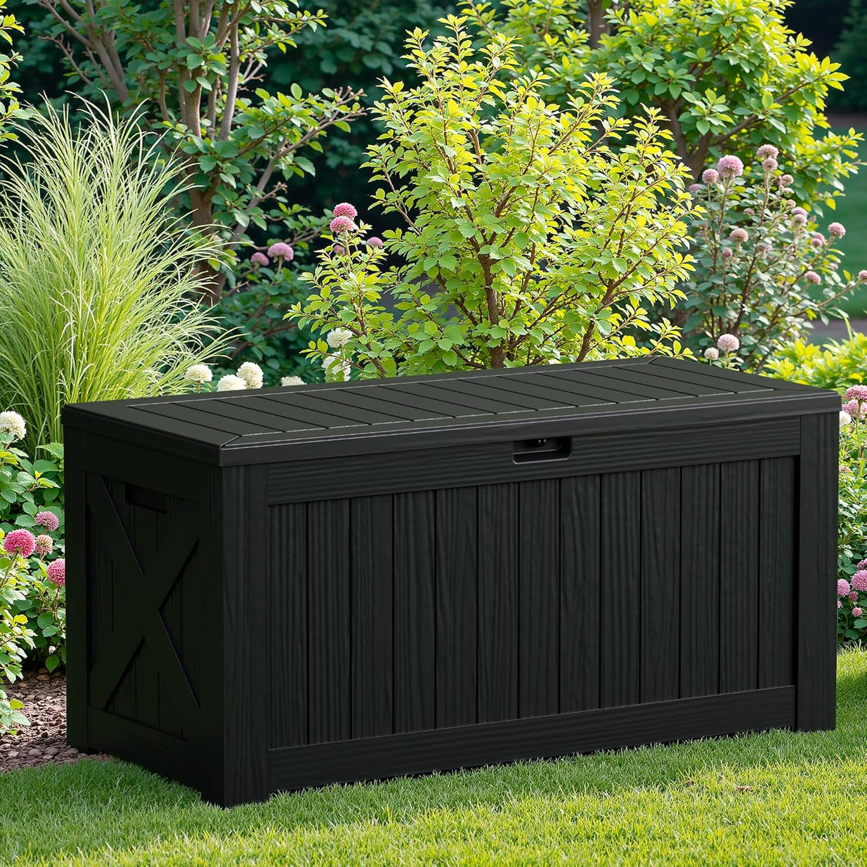 Large black resin outdoor deck box closed in garden, weatherproof storage for patio furniture and garden supplies