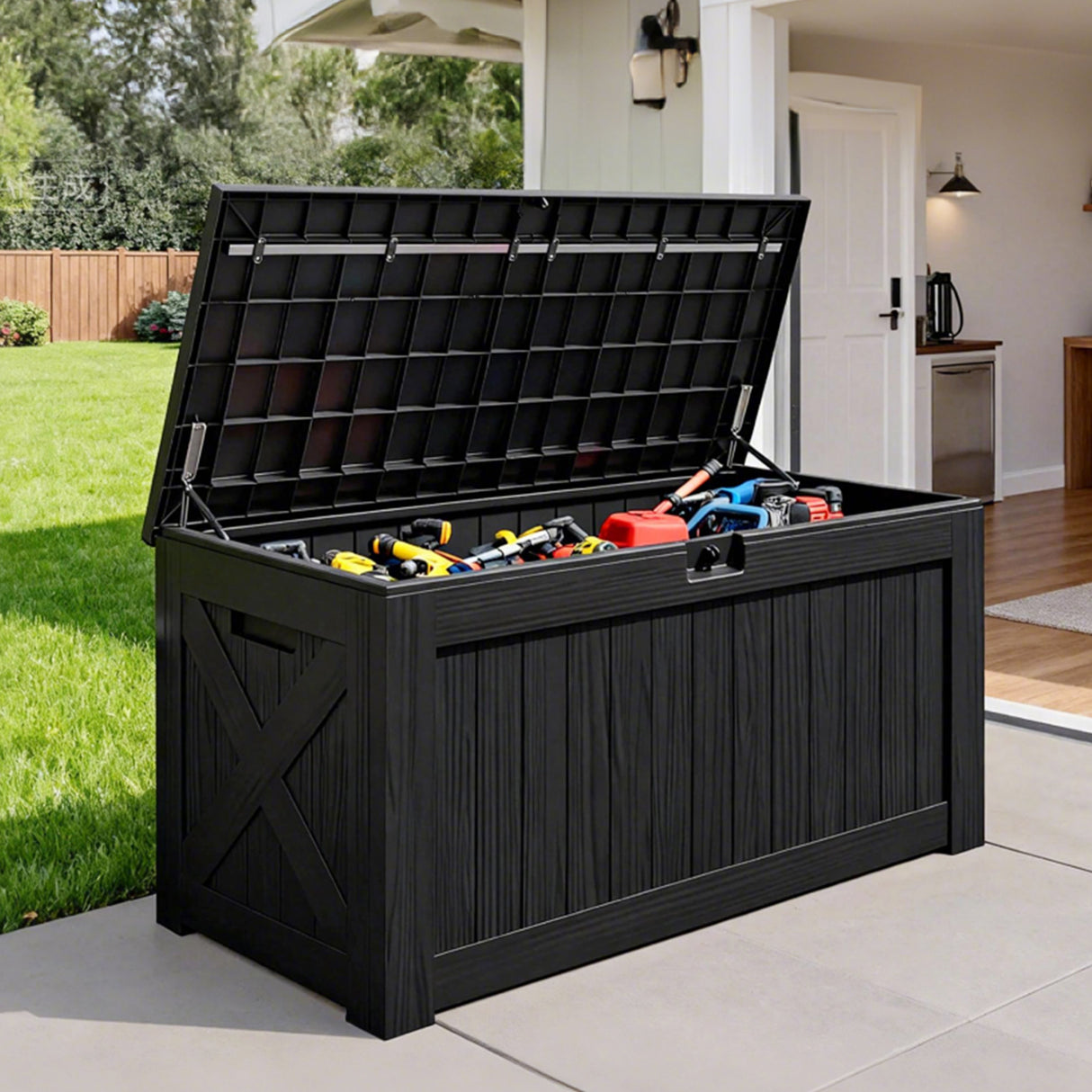 Outdoor deck box with open lid storing tools and equipment, large black resin weatherproof storage for patio and garden
