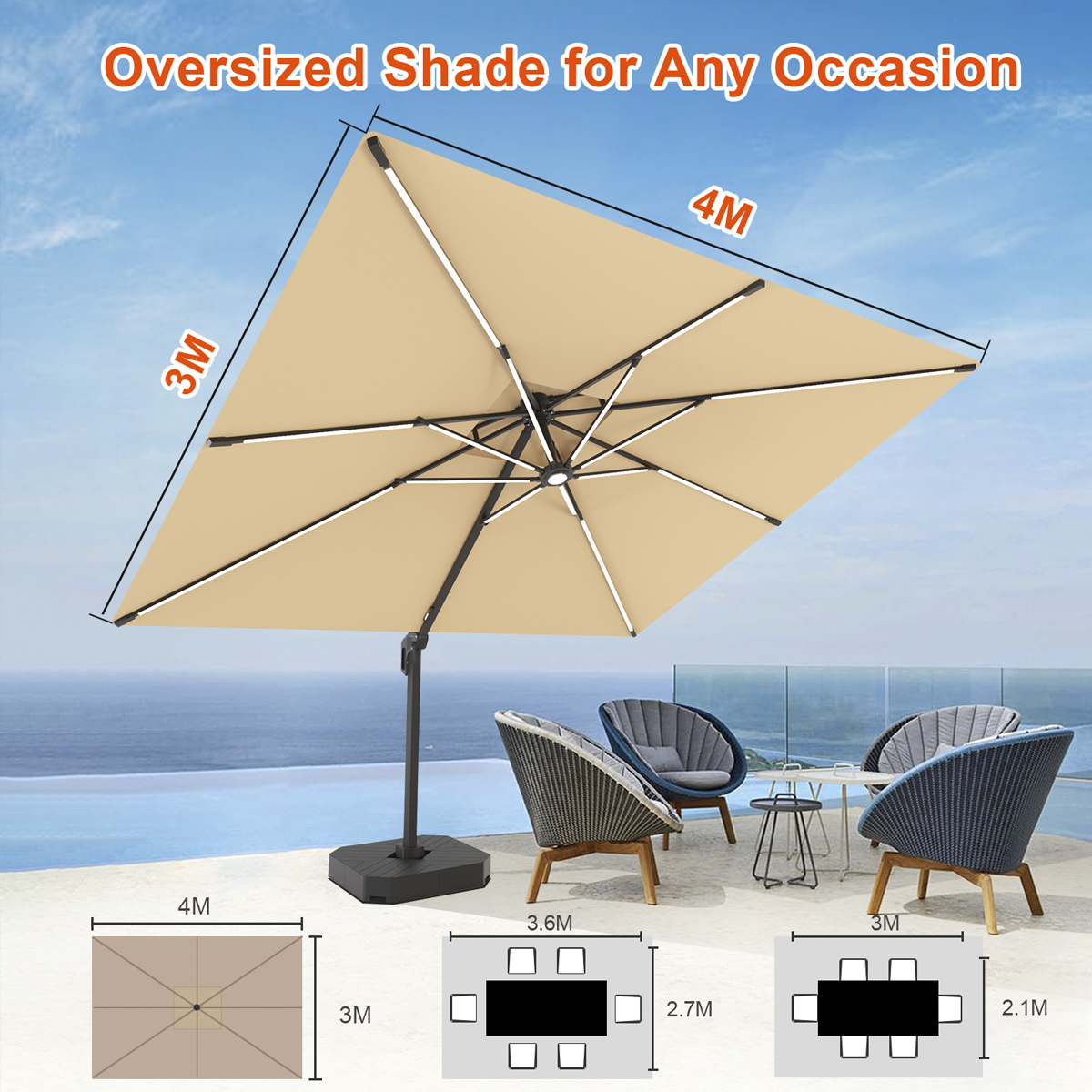 Patioslife Aegis Premium 3 x 4m cantilever umbrella with oversized shade coverage for outdoor seating and poolside use