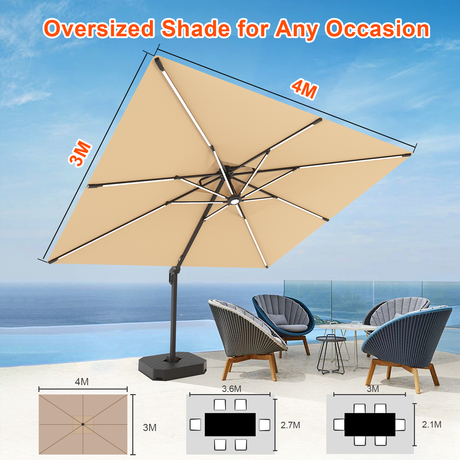 Patioslife Aegis Premium 3 x 4m cantilever umbrella with oversized shade coverage for outdoor seating and poolside use