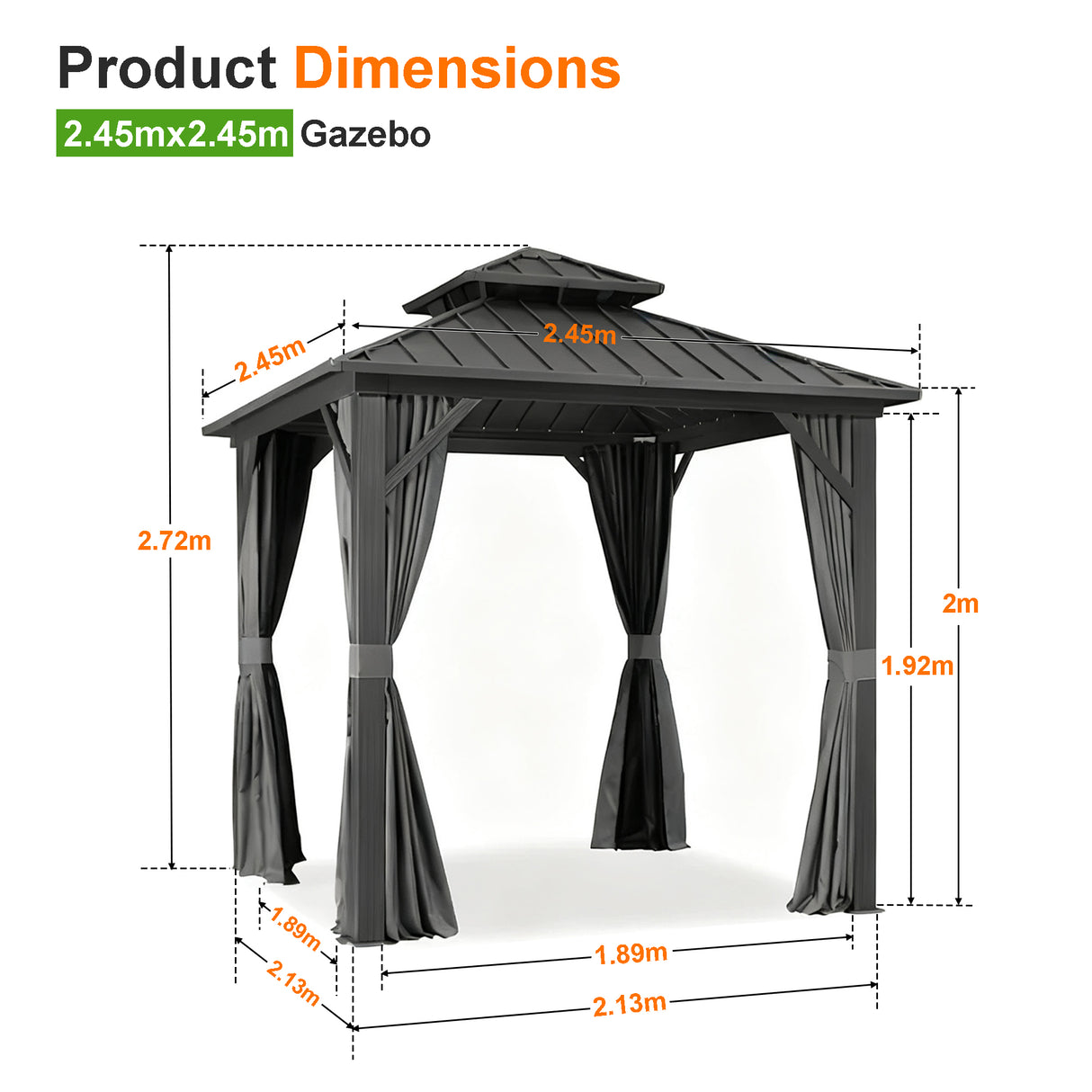 Patioslife 2.45x2.45m Luxury Haven Hardtop Gazebo Product Dimensions with Double Vented Roof