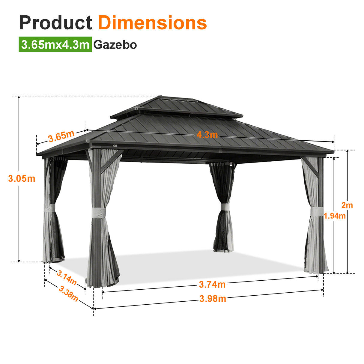 Patioslife 3.65x4.3m Luxury Haven Hardtop Gazebo Product Dimensions with Drainage Gutters