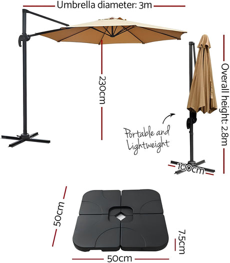 Patioslife 3m diameter cantilever outdoor umbrella size chart with foldable design and heavy-duty base pod dimensions