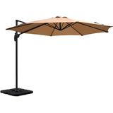 Patioslife 3m cantilever outdoor umbrella with tan UV-resistant canopy, heavy-duty base pod and adjustable patio shade design
