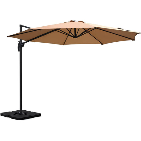Patioslife 3m cantilever outdoor umbrella with tan UV-resistant canopy, heavy-duty base pod and adjustable patio shade design