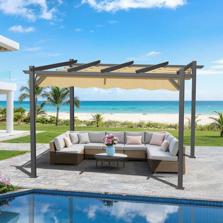 Patioslife 3x3.65m Retractable Pergola Beige Canopy Grey Frame for Australian Beachside Patio