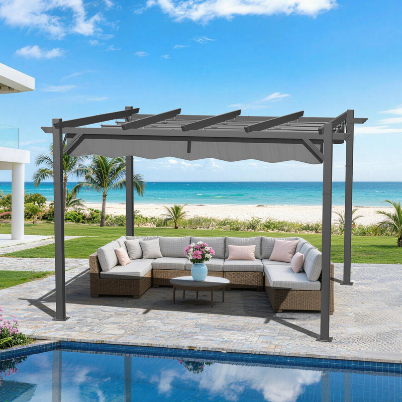 Patioslife 3x3.65m Retractable Pergola Charcoal Canopy Grey Frame for Australian Beachside Patio