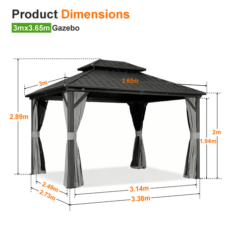 Patioslife 3x3.65m Luxury Haven Hardtop Gazebo Product Dimensions with Aluminium Posts