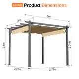 Patioslife 3x3m Retractable Pergola Beige Canopy Grey Frame Product Dimensions for Australian Backyard